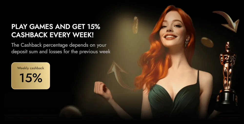 Baner promocyjny Oscarspin 15% tygodniowego cashbacku z figurką Oscara